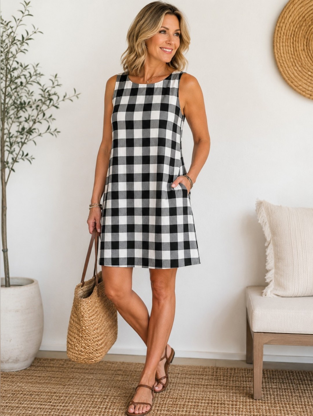 Tommy Bahama Women's Xs Black & White Buffalo Check Cotton Shift Dress Lined
